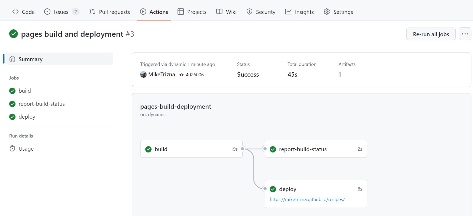 A screenshot showing details of a GitHub Actions workflow