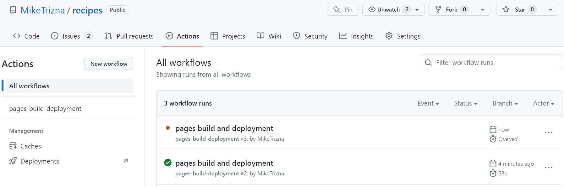 A screenshot showing the GitHub Actions page with a deployment that has just been triggered