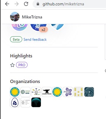 A screenshot of a GitHub profile showing several organization badges