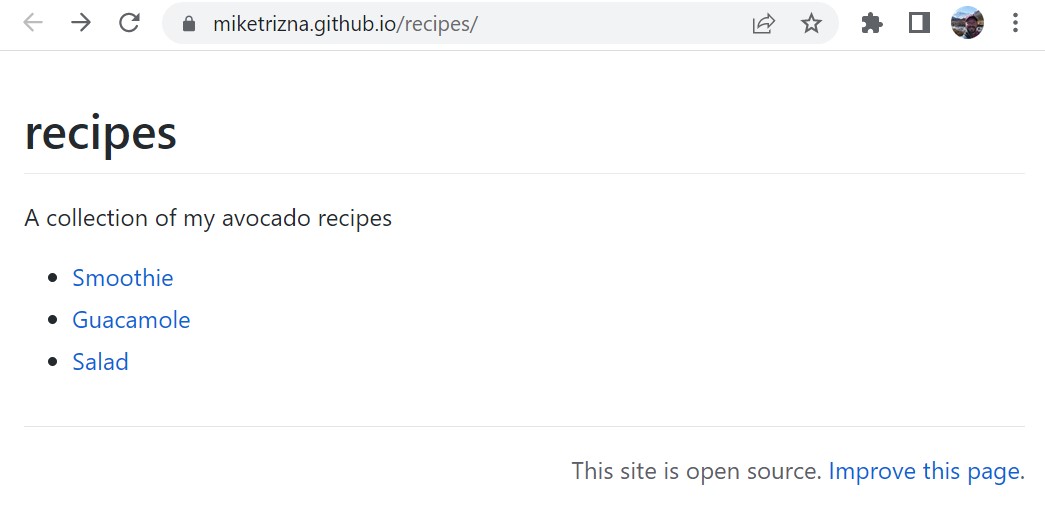 A screenshot showing a simple webpage with links to recipes